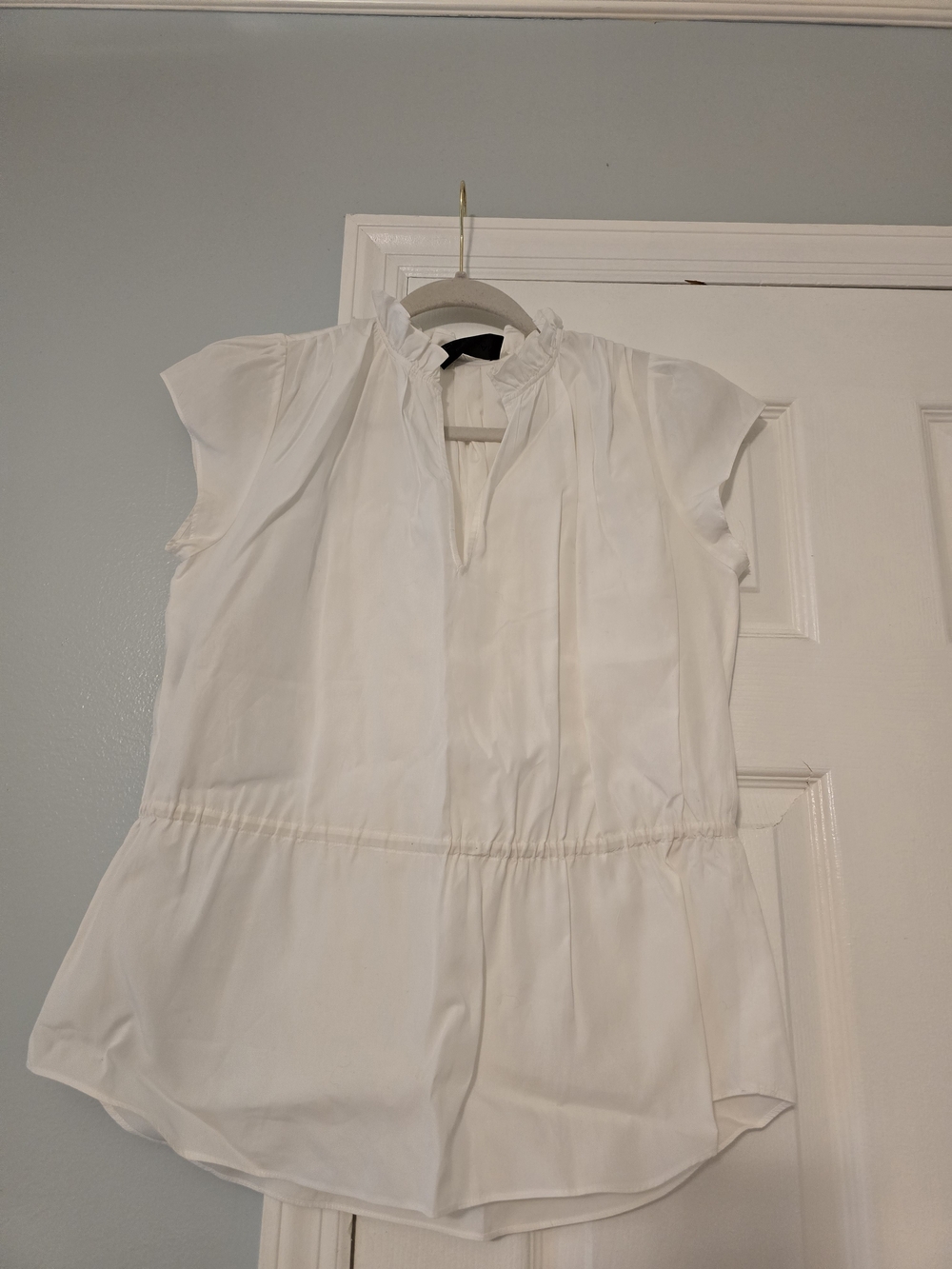 Derek Lam White Ruffle Neck Cap-Sleeve Blouse